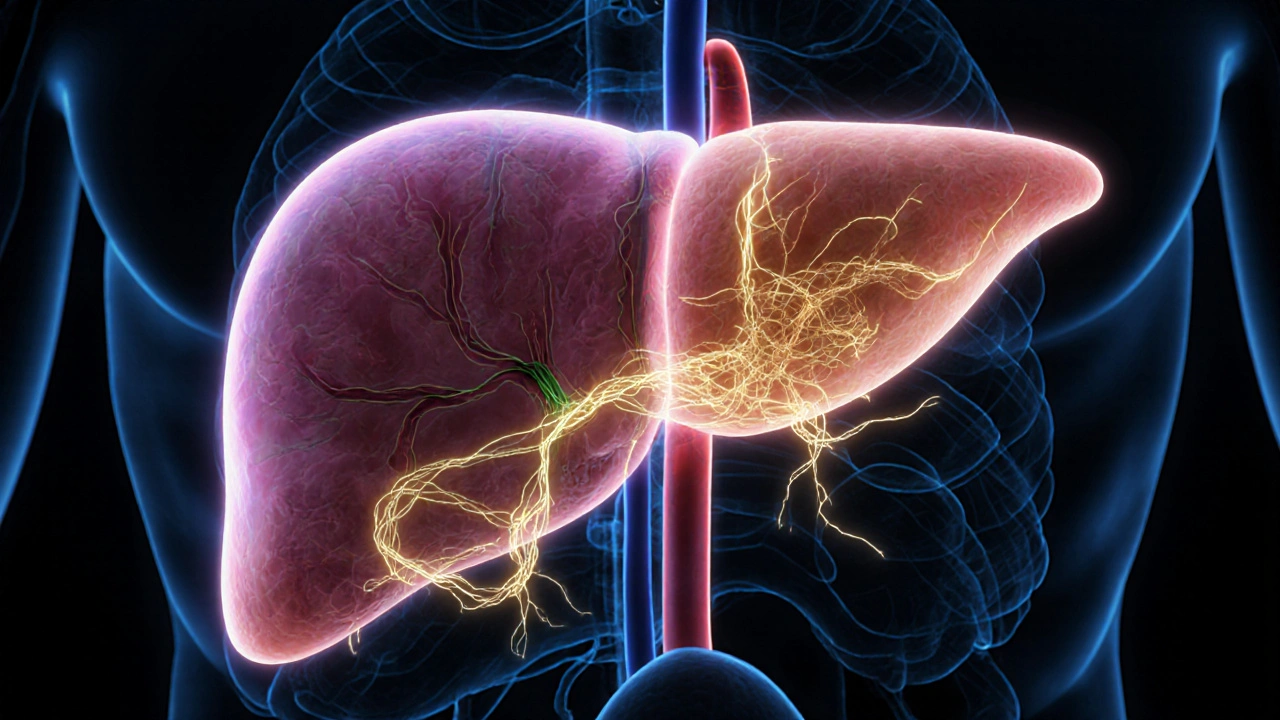 Künstlerische Darstellung der Leber mit gestörten Stoffwechselwegen von CBD und Supplementen
