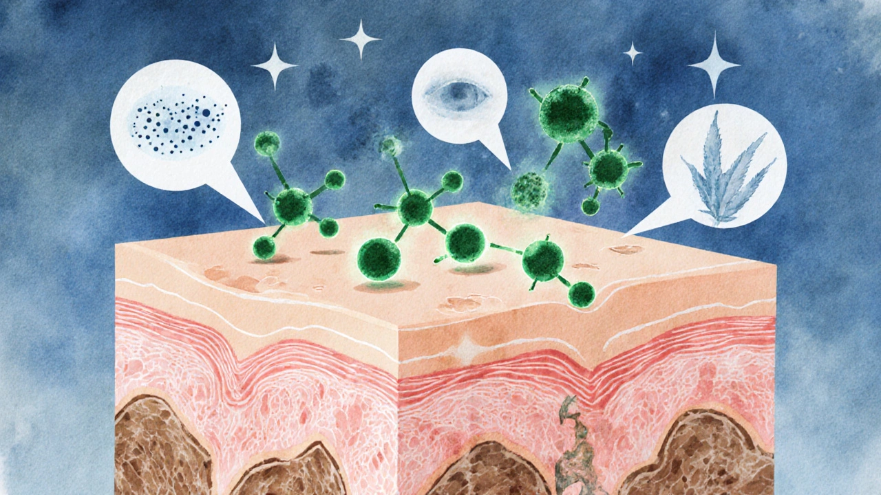 Künstlerische Darstellung von CBD-Molekülen, die mit Hautrezeptoren interagieren und Entzündungen reduzieren.