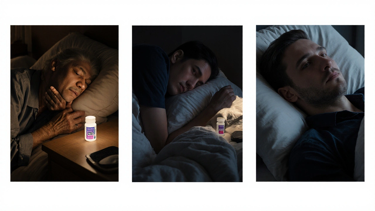 Menschen in verschiedenen Schlafsituationen, jede mit einer CBN-Flasche auf dem Nachttisch, ruhig und sicher in der Nacht.