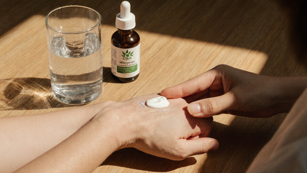 Person appliziert CBD-Creme auf den Arm, nebenan Vitamin D und Wasser