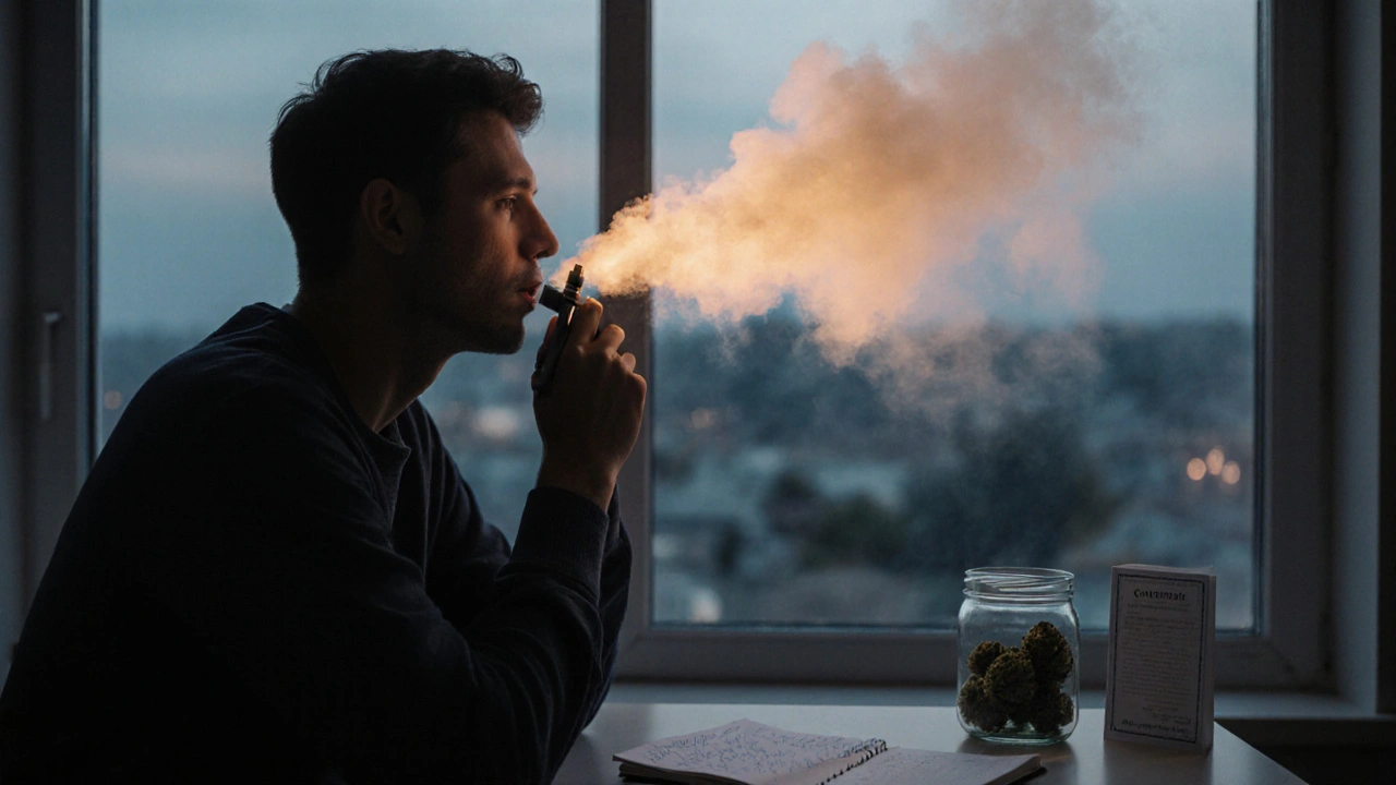 Person dampft CBD-Blüten bei Dämmerung, sanfter Dampf strömt wie beruhigende Energie