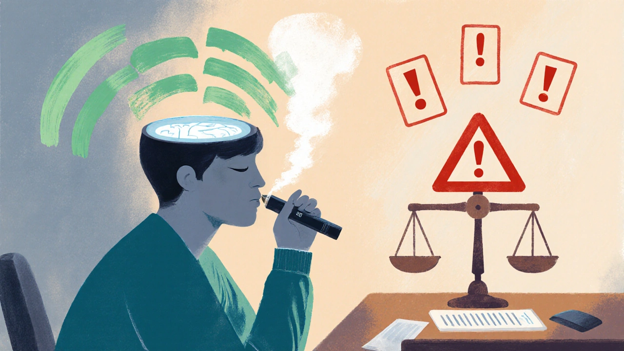 Person mit H4CBD-Vape, ruhige Gedanken als grüne Wellen, rechtliche Warnsymbole im Hintergrund.