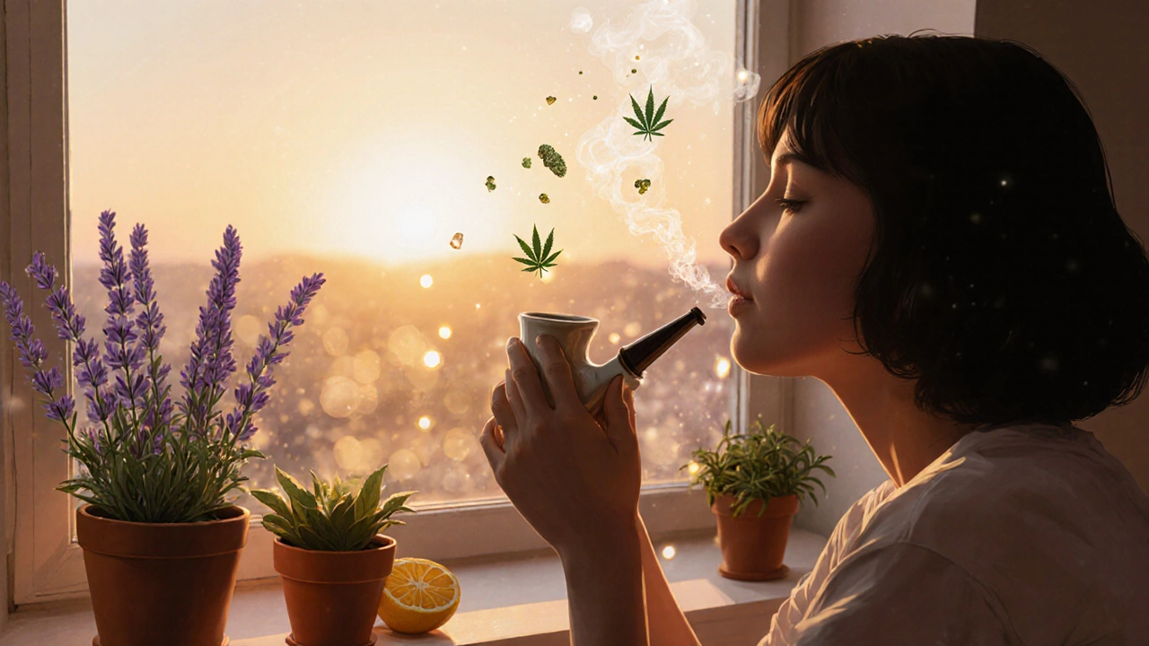 Person raucht CBD-Blüte in der Abenddämmerung mit Lavendel und Zitruspflanzen