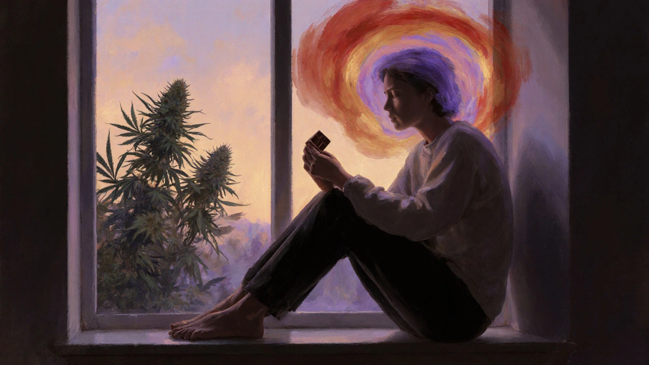 Person sitzt am Fenster bei Dämmerung, hält Schokolade, umgeben von sanft leuchtenden, beruhigenden Farbströmen.