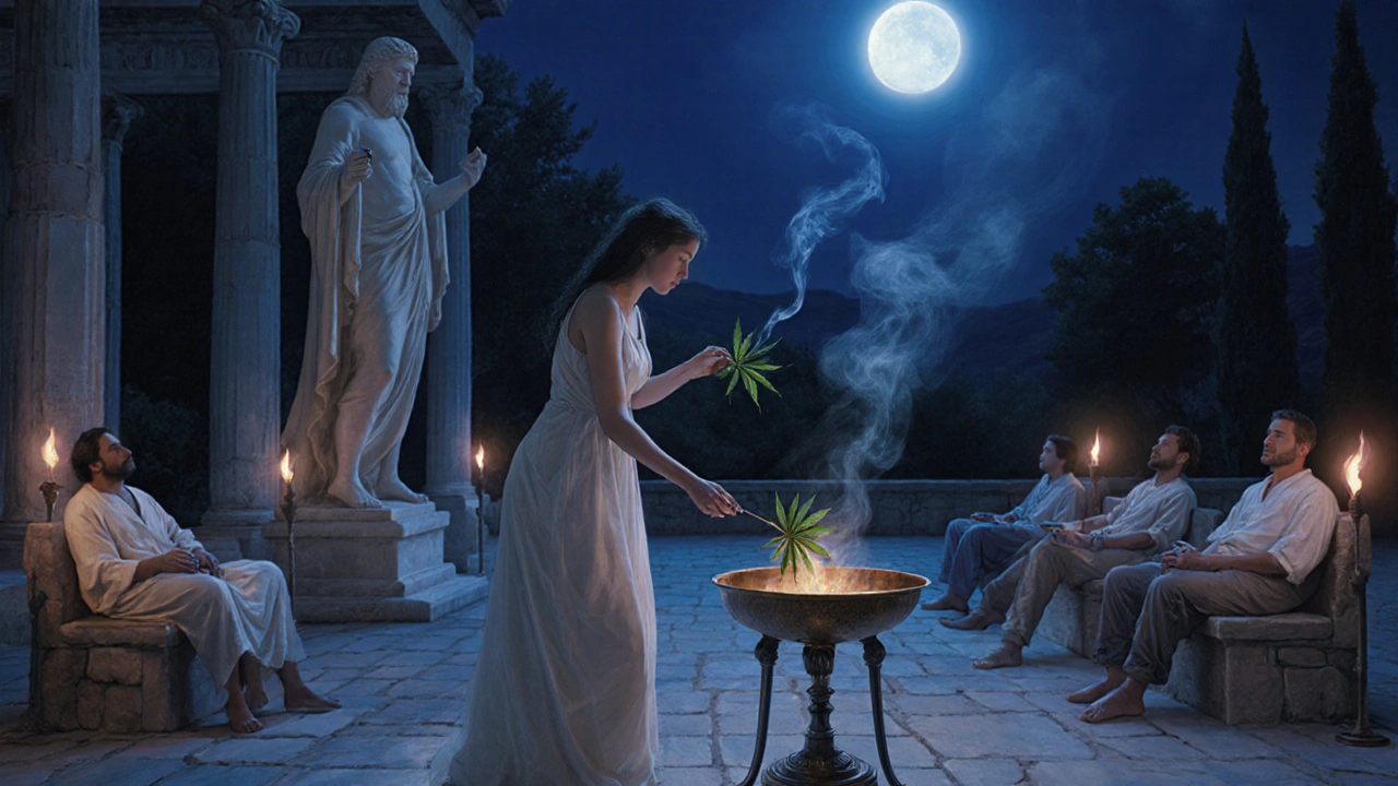 Priesterin verbrennt Cannabis in einem Tempelhof unter Mondlicht, während Patienten ruhen.