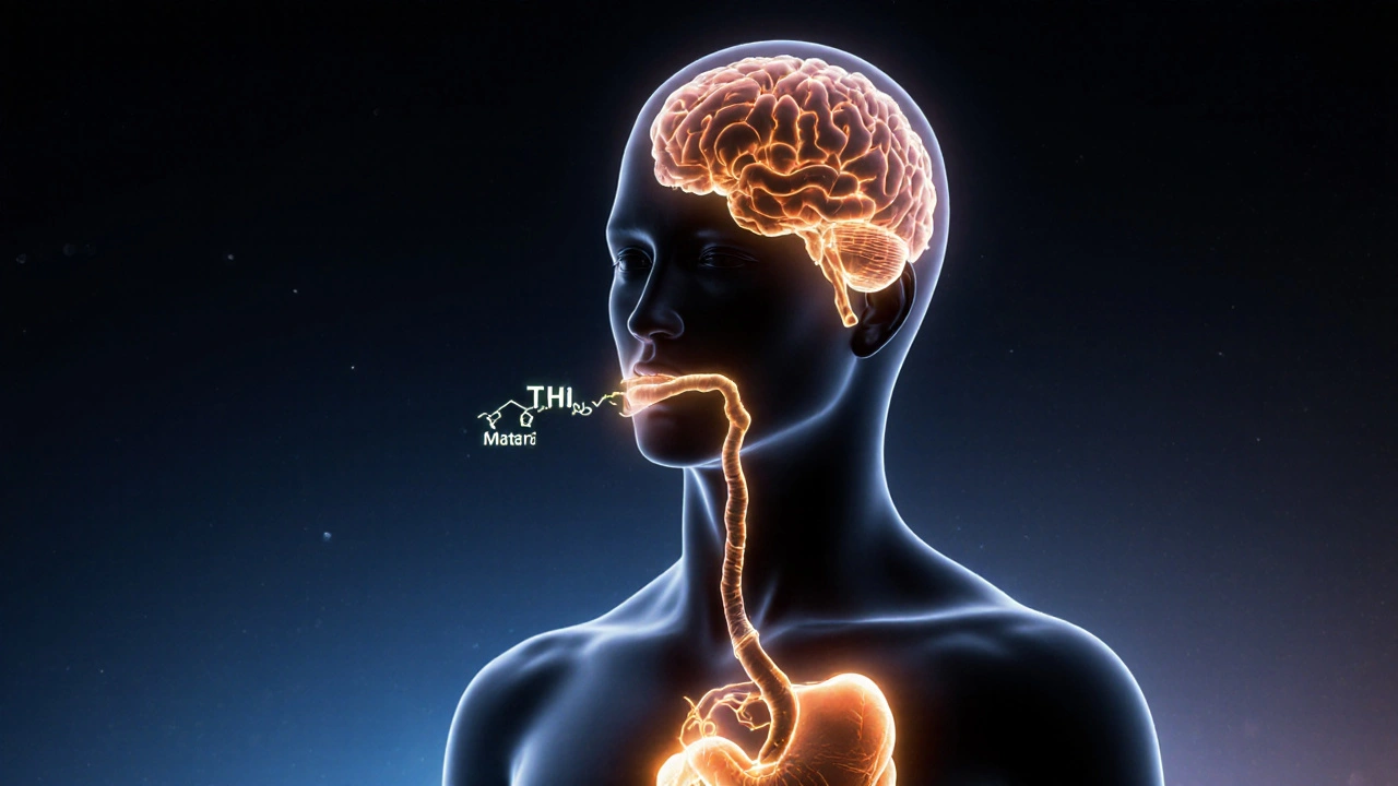 Schematische Darstellung von THC, das durch Körper und Leber in eine stärkere Form umgewandelt wird.