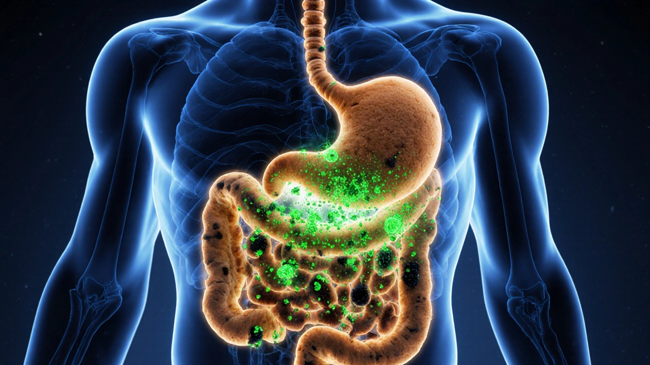 Schematische Darstellung, wie nur 5 % CBD aus einem Cookie in die Blutbahn gelangen.