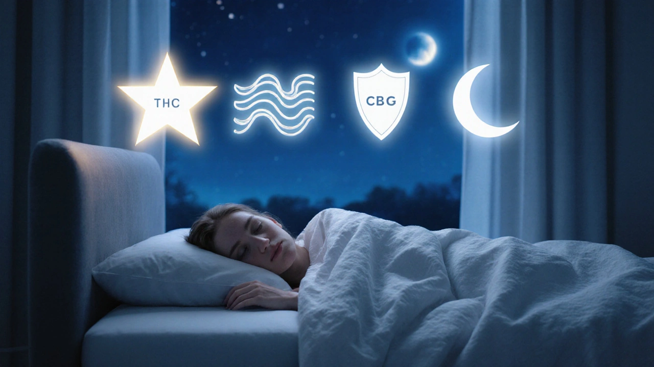 Schlafendes Wesen unter Mondlicht, über ihm schwebende Symbole der vier Cannabinoide