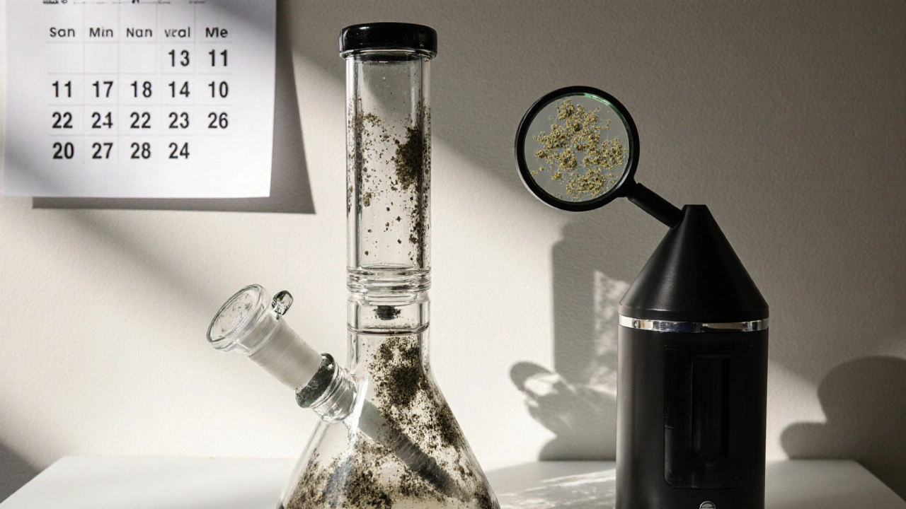 Schmutziger Bong neben sauberem Vaporizer auf Badezimmertisch, mit sichtbaren Schimmelsporen unter der Lupe.