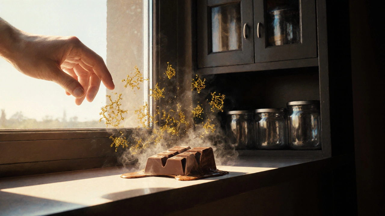 Schokolade schmilzt am Fensterbrett, THC-Moleküle verfliegen als Rauch.