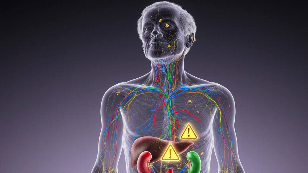 Transluzenter Körper mit CBD- und Medikamentenströmen, die sich in Leber und Nieren kreuzen, symbolisierend mögliche Wechselwirkungen.