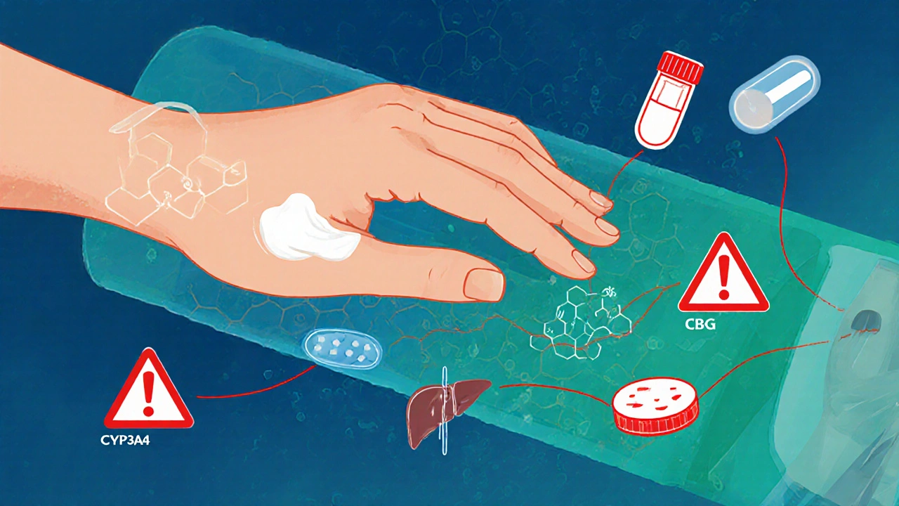 Transparenzdarstellung: CBG-Creme dringt in die Blutbahn ein und interagiert mit Leberenzymen und Neurotransmittern.