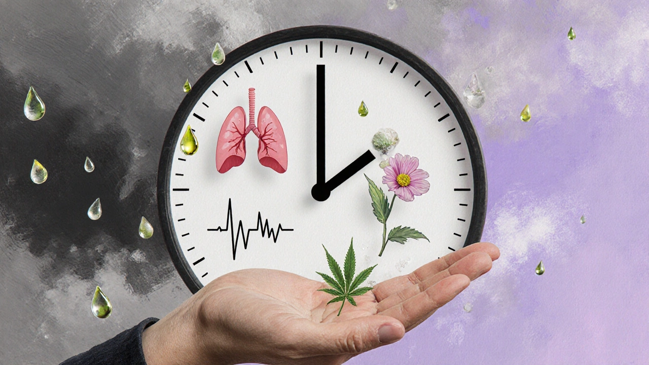 Uhr mit Atem-, Herz- und Blütenzeichen, CBD-Tropfen schweben um sie herum.