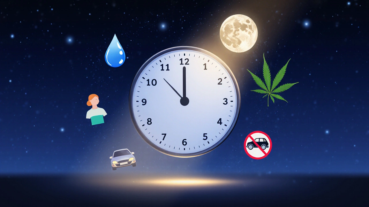 Uhr mit Symbolen, die die langanhaltende Wirkung von THC über 12 Stunden zeigen.