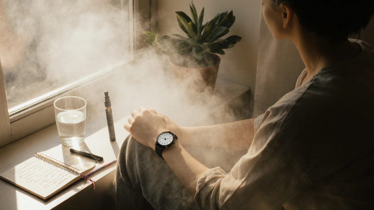 Uhr zeigt 15 bis 60 Minuten an, während eine Person entspannt am Fenster sitzt, ein Vape liegt neben ihr.