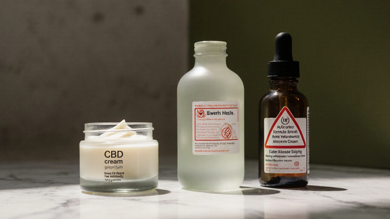 Vergleich von CBD-Creme mit aggressiven Hautpflegemitteln, CBD-Glasjar leuchtet sanft, andere Produkte wirken kalt und unverträglich.