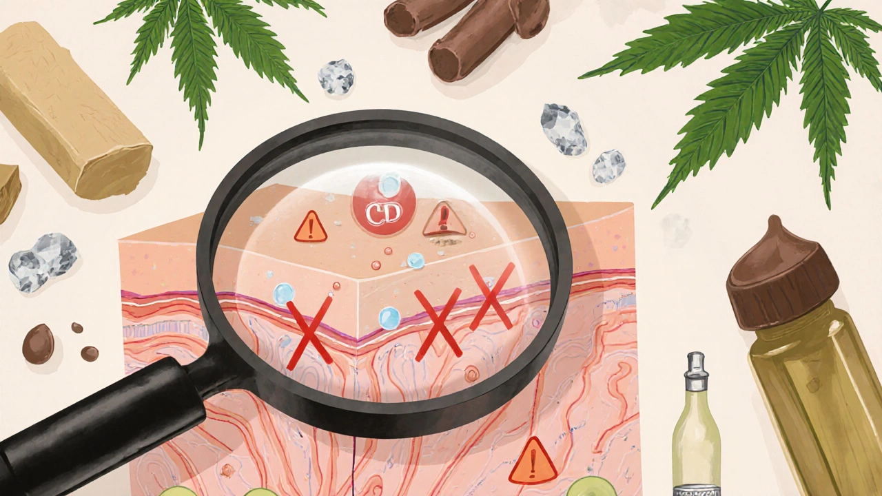 Vergrößerte Ansicht gesunder Haut mit CBD-Molekülen, die durch Schadstoffe wie Parabene und Parfüm blockiert werden, umgeben von pflanzlichen Elementen.