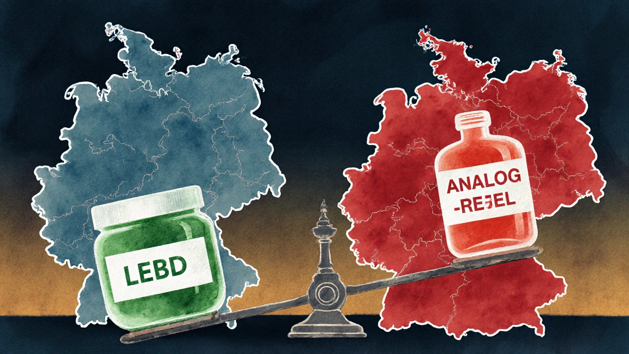 Waage mit CBD und HHC, deutsche Bundesländer als farbige Silhouetten im Hintergrund.