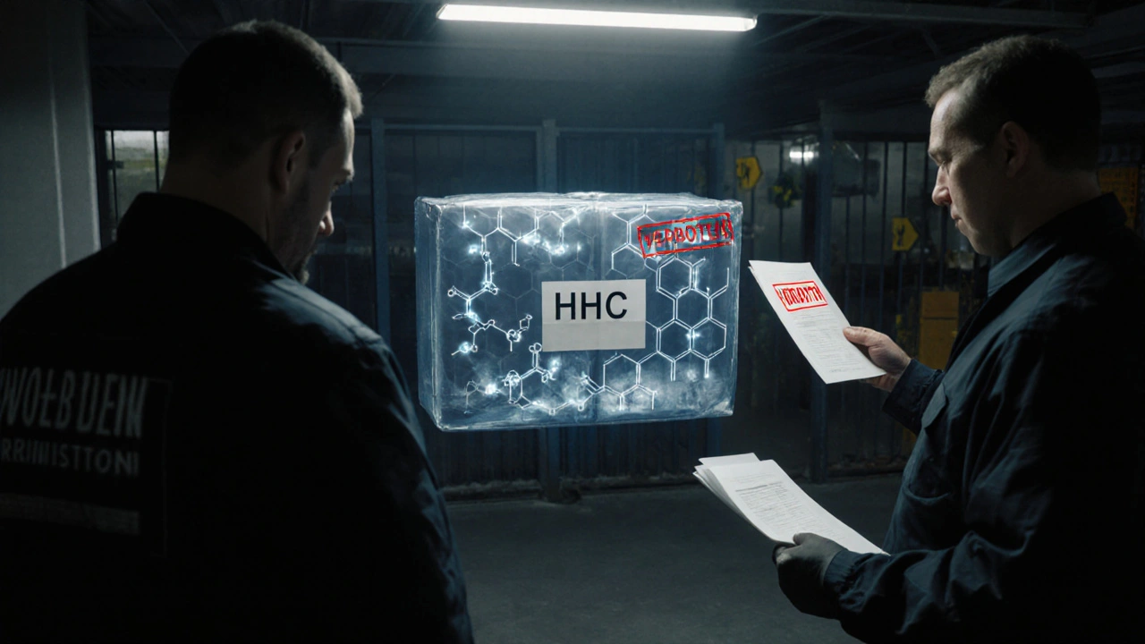 Zollbeamte halten ein Paket mit HHC, Röntgenbild zeigt THC-ähnliche Moleküle.
