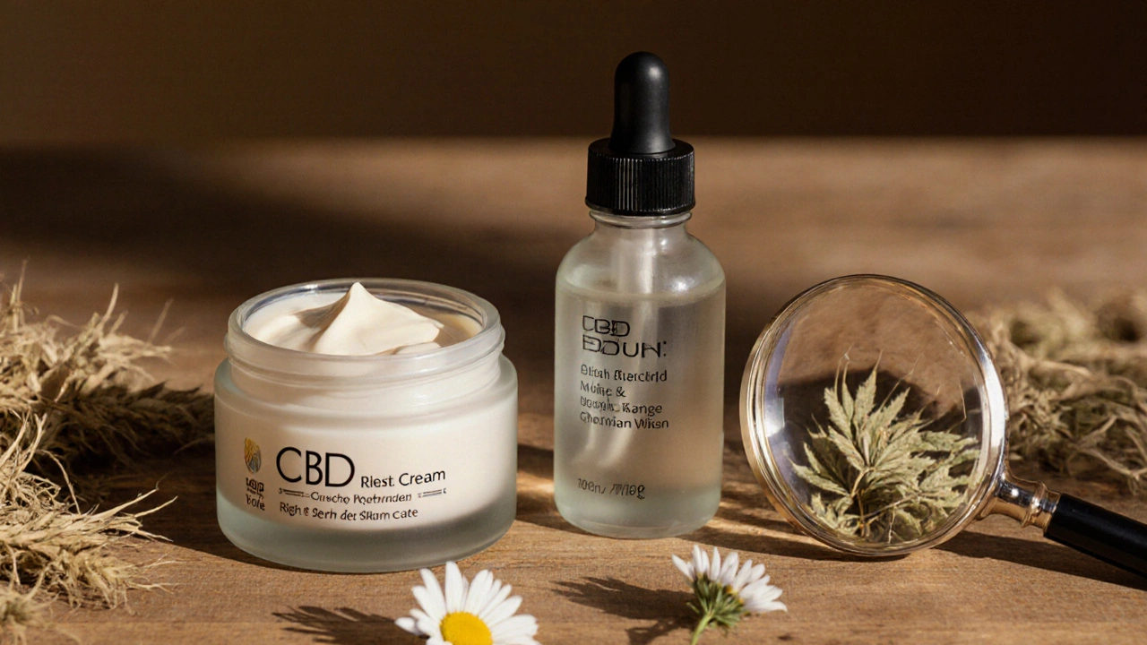 Zwei CBD-Hautpflegeprodukte nebeneinander: Creme und Serum mit natürlichen Zutaten wie Hanf und Kamille.
