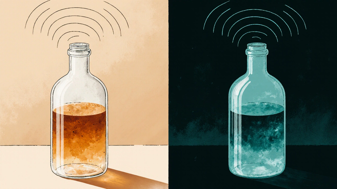 Zwei identische Cannabis-Getränkeflaschen: eine bei Raumtemperatur getrennt, eine gekühlt stabil.