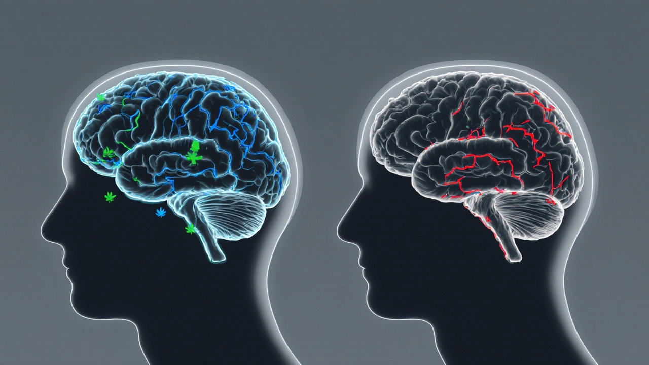 Zwei kontrastierende Gehirn-Scans: eines mit aktiven, hellen Nervenbahnen, das andere mit gedämpften Regionen durch Alkohol.