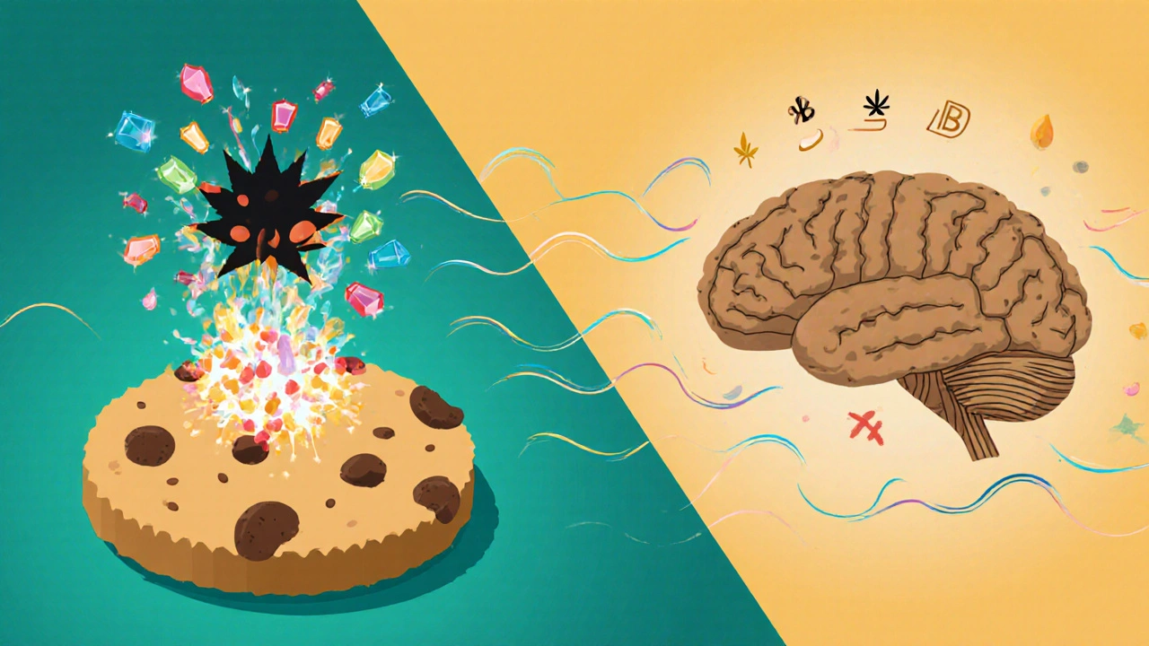 Zwei Wege: ein zuckerreicher Keks mit THC-Symbol vs. ein natürlicher CBD-Cookie mit Entspannungswellen.