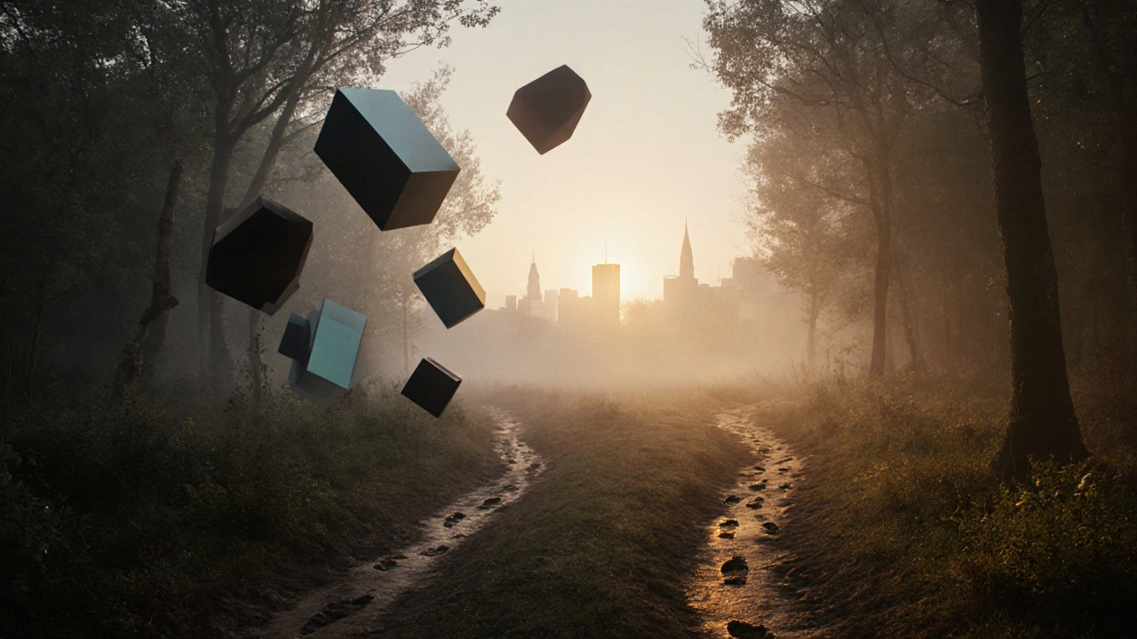 Zwei Wege in einem nebligen Wald, unterschiedlich beleuchtet, repräsentieren Delta-10-THC und HHC.