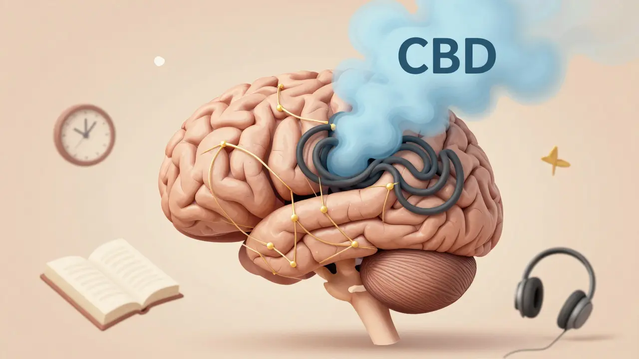 Artistic brain with golden serotonin connections and calming blue mist dissolving stress.