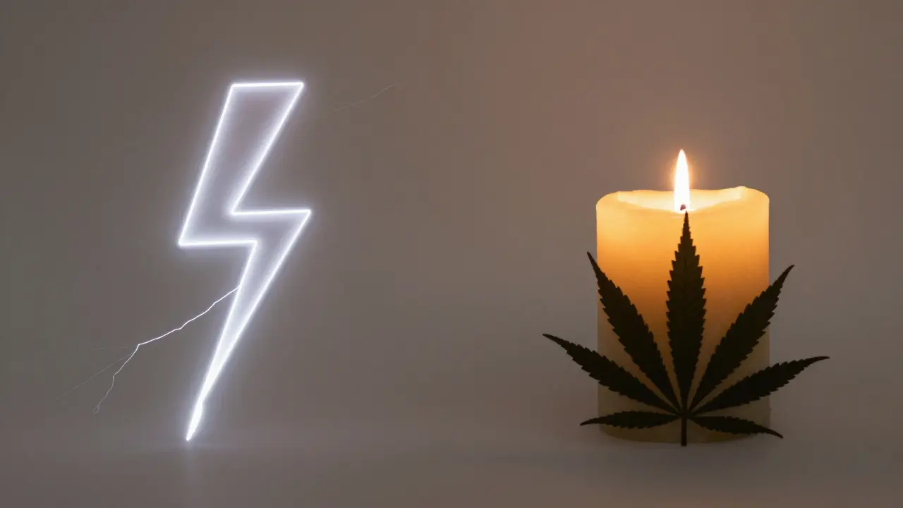 Blitz und Kerze aus CBD-Pflanze – Symbol für schnelle vs. langanhaltende Wirkung.
