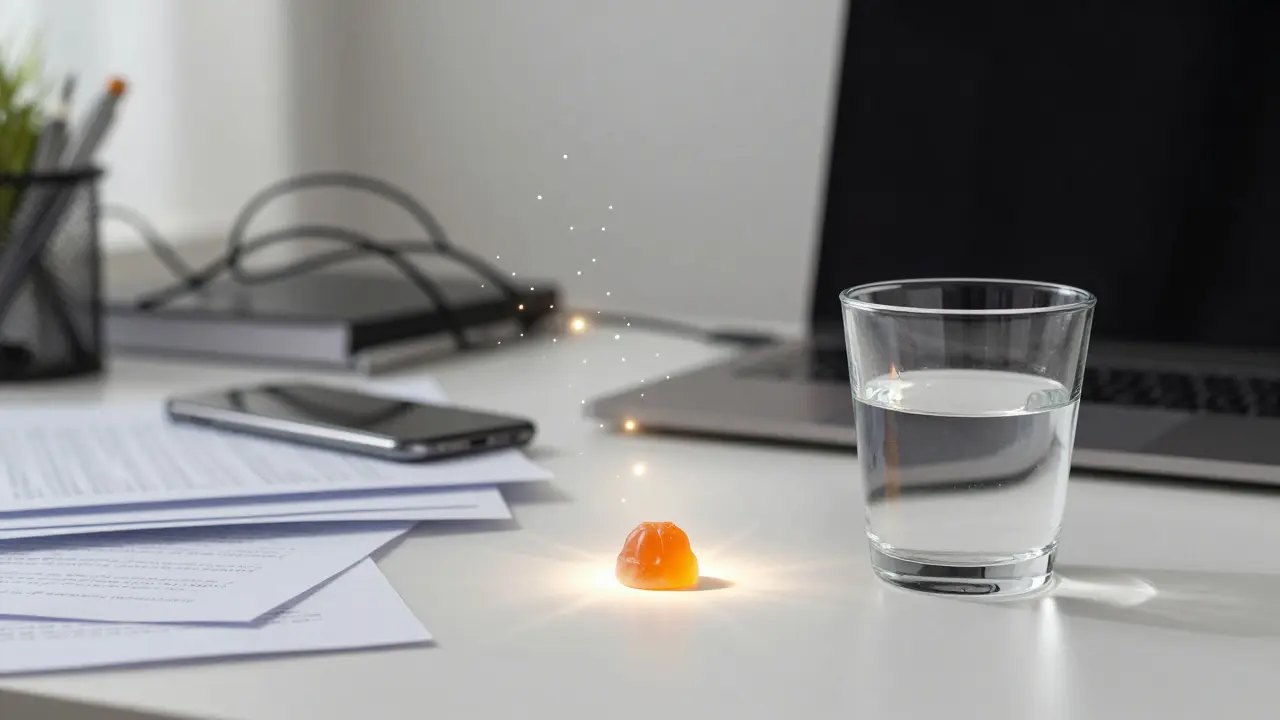 Cluttered workspace transforming into serenity, with CBD gummy as source of inner calm.