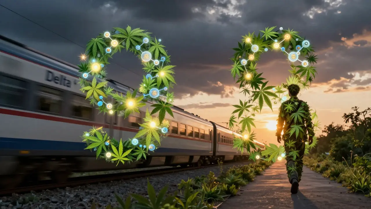 Doppelbelichtung: ein schneller Zug und ein spazierender Mensch, beide aus Cannabisblättern und Molekülen zusammengesetzt, im Übergang von Dunkelheit zu Sonnenuntergang.