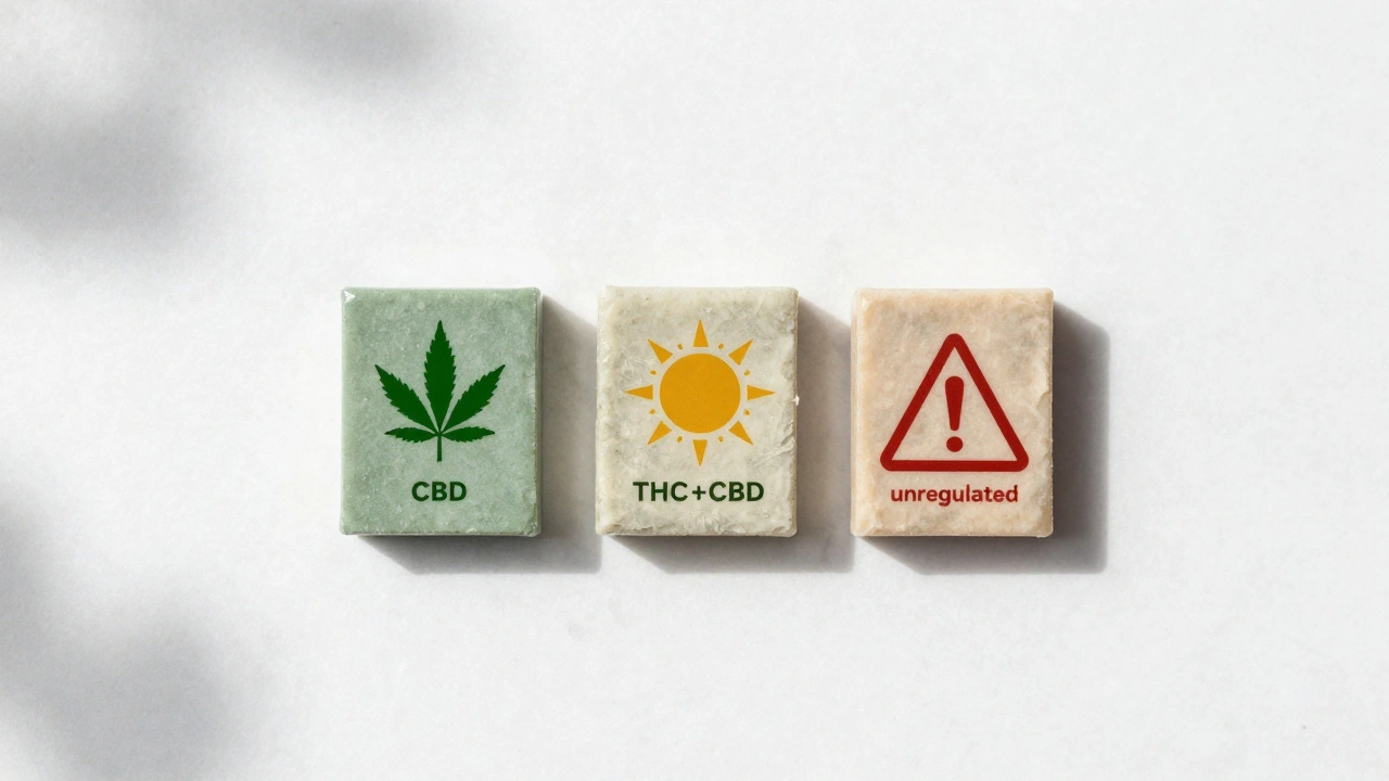 Drei Cannabis-Kaugummi-Stücke mit klaren Kennzeichnungen auf weißer Oberfläche.