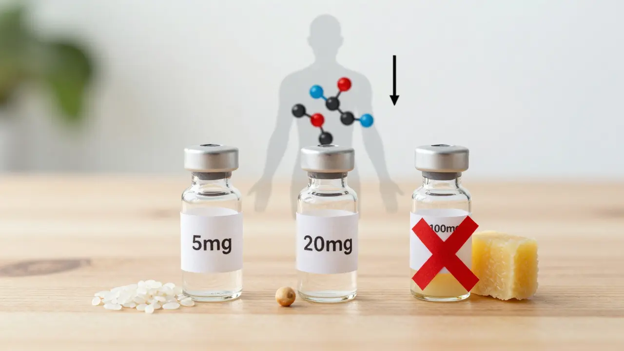 Drei CBD-Dosierungen im Vergleich: Reiskorn, Erbse und ein verbotener großer Klumpen mit rotem X.