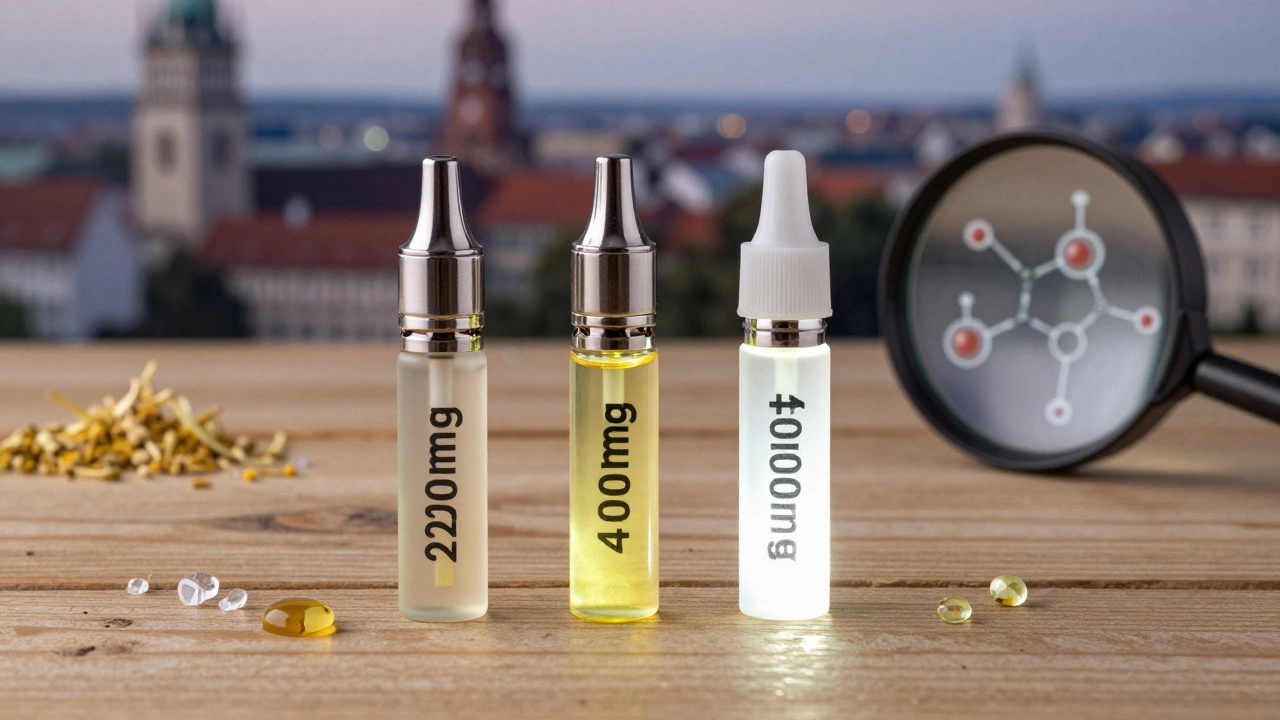 Drei CBD-Kartuschen mit unterschiedlichen Konzentrationen auf Holz, begleitet von Hanföl und Terpen-Kristallen.