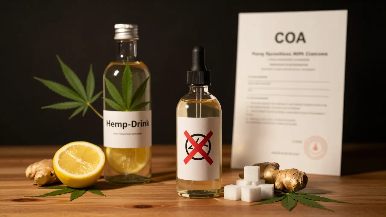 Drei Hemp-Drink-Flaschen auf Holztisch: natürliche Zutaten, Labortest und vermeidete Zusätze.