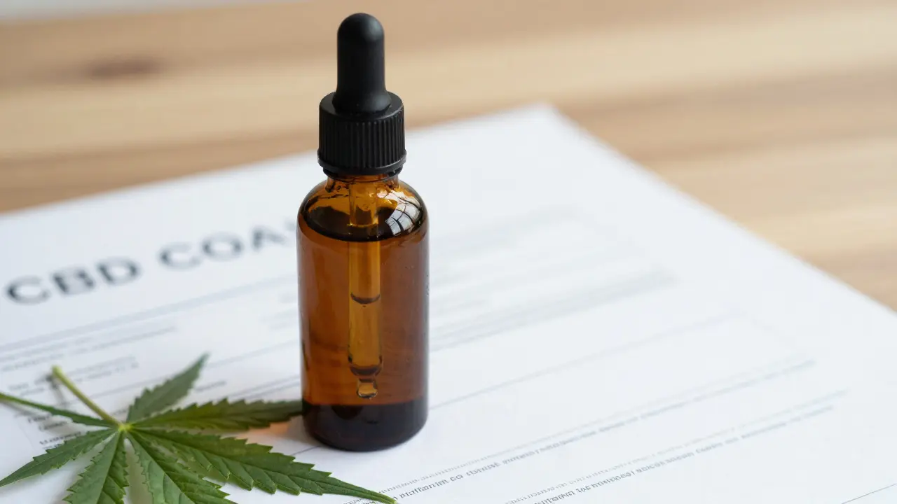 Dunkle Glasflasche mit CBD-Öl und Laborzertifikat auf Holztisch.