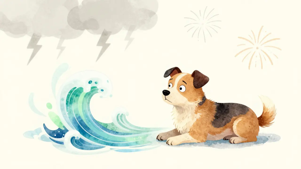 Ein ängstlicher Hund verwandelt sich in einen entspannten Zustand durch sanfte CBD-Energie.