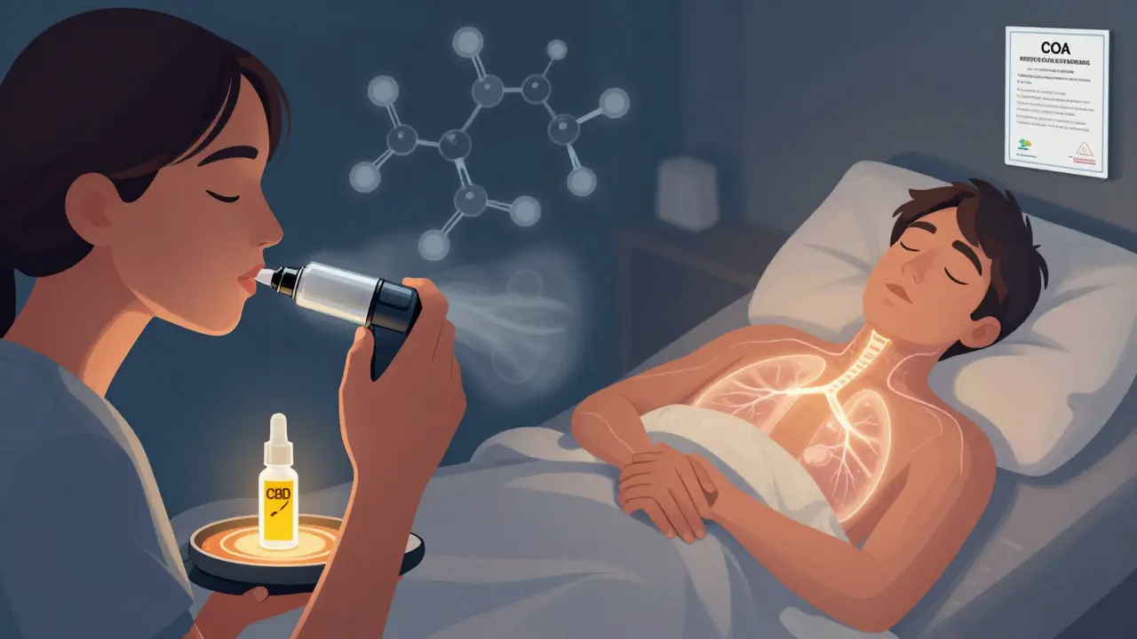 Eine Person inhaliert CBD-Wachs, während gleichzeitig ihre Schlafphase mit biochemischen Strömen dargestellt ist.