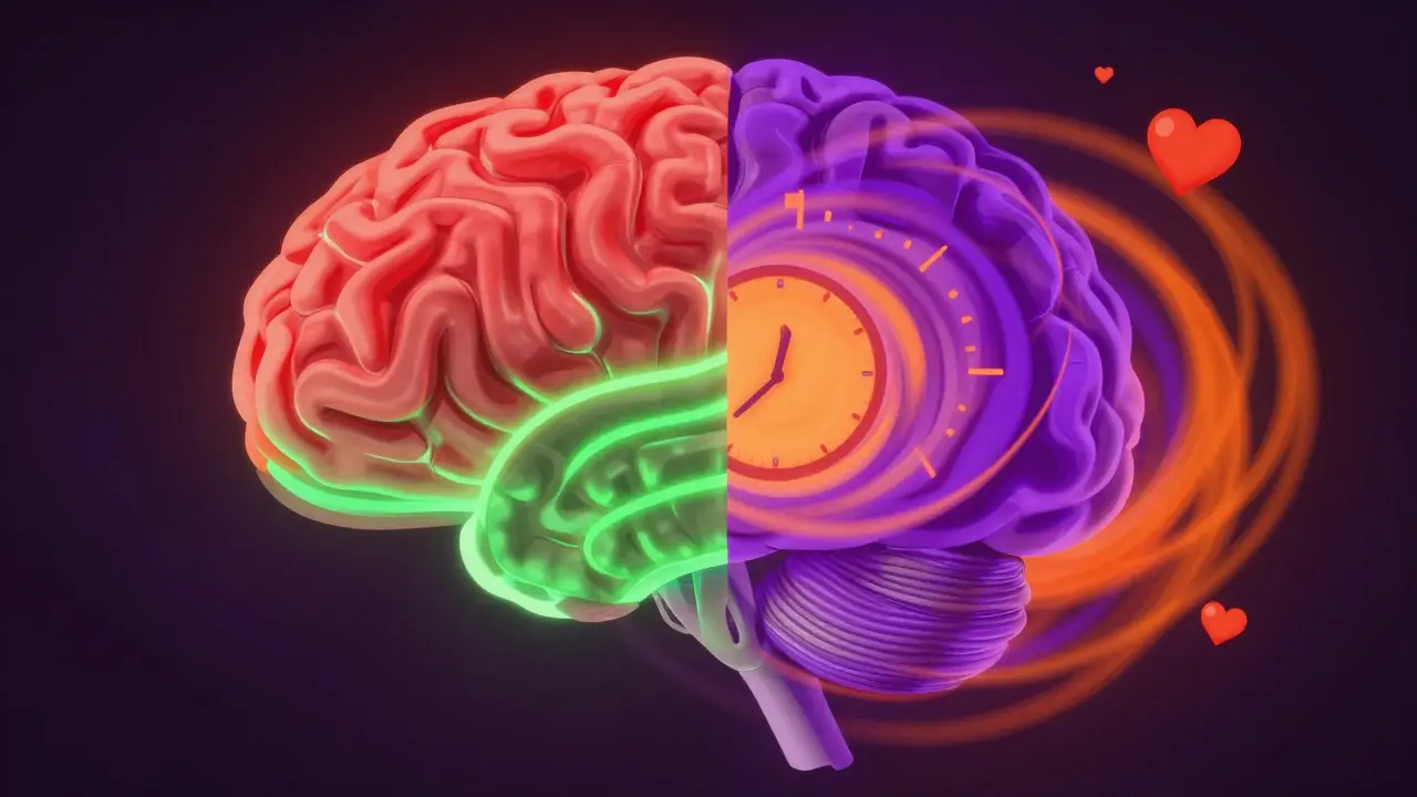 Gehirn mit zwei unterschiedlichen Wirkungsweisen von THC: ruhig vs. chaotisch.