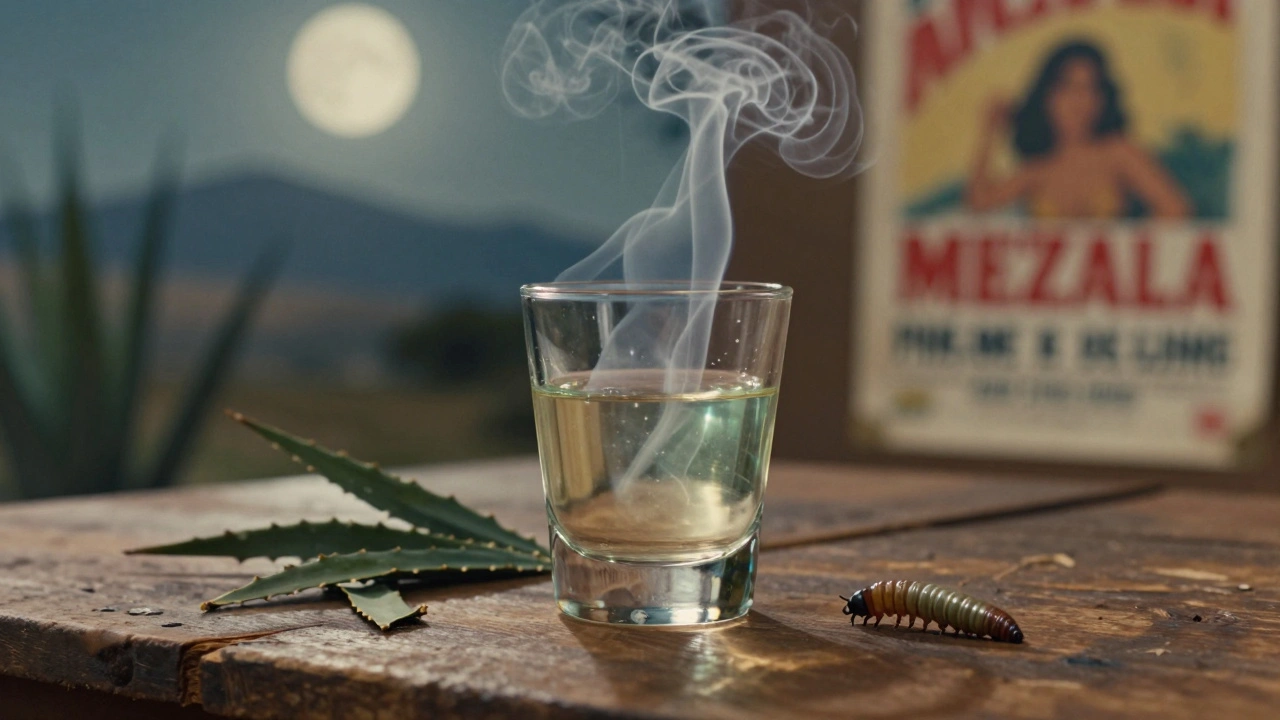 Glas Mezcal mit rauchigen Dunstwolken und einem Wurm neben der Flasche auf holzerner Oberfläche.