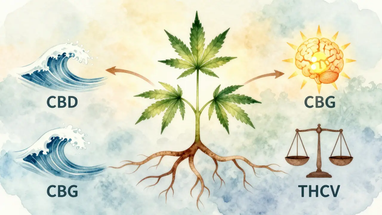 Hampfpflanze mit vier Wurzeln, die sich in Symbole für CBD, THC, CBG und THCV verwandeln.