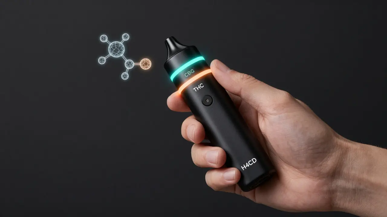 Hand hält Vape-Pen mit vier farbigen Lichtringen, die Cannabinoide symbolisieren.
