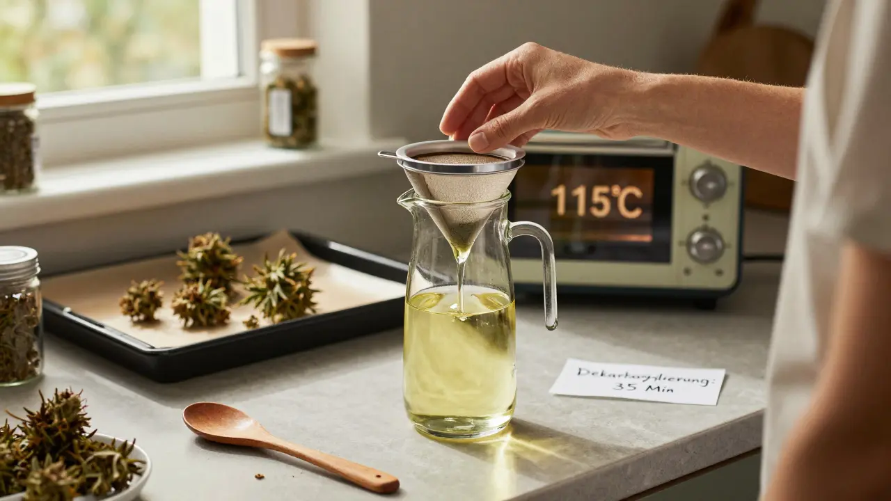 Jemand filtert cannabisinfundiertes Kokosöl durch einen Kaffeefilter in einer deutschen Küche.