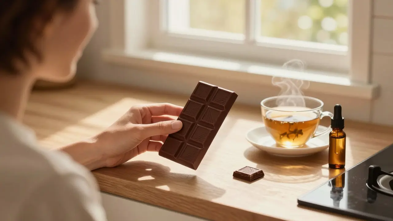 Jemand isst eine CBD-Schokolade am Küchentisch bei morgendlichem Licht, Tee daneben.