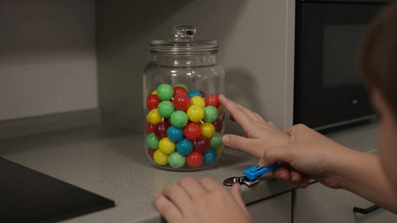 Kind greift nach einem Glas mit Cannabis-Lutschern, während ein Erwachsener einen kindersicheren Verschluss anbringt.