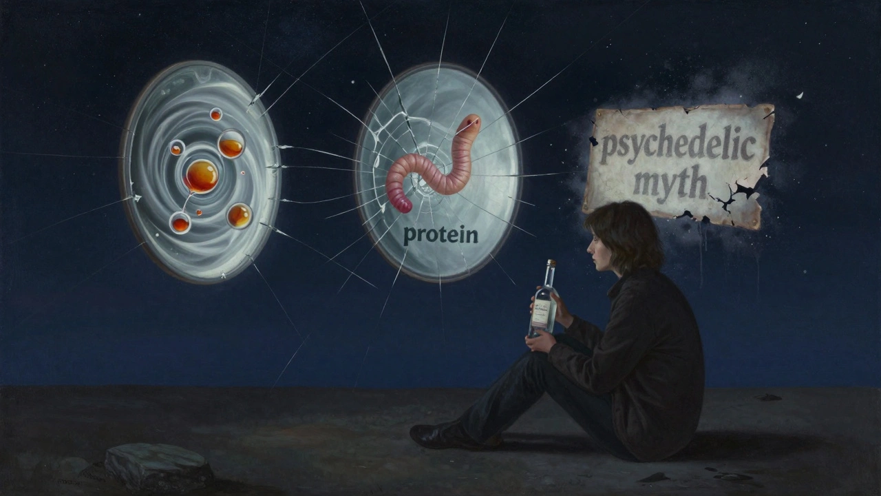 Konzeptuelles Bild: Eine Person mit Mezcalflasche, deren Gedanken drei Wahrheiten zeigen — Alkohol, Wurm, Mythos.