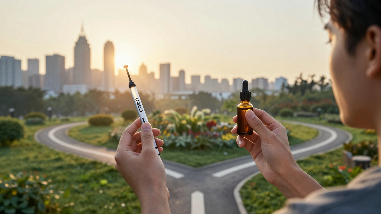Mensch an einer Kreuzung mit CBD-Cartridge und Tropfflasche, symbolische Wege zur schnellen oder langanhaltenden Wirkung.