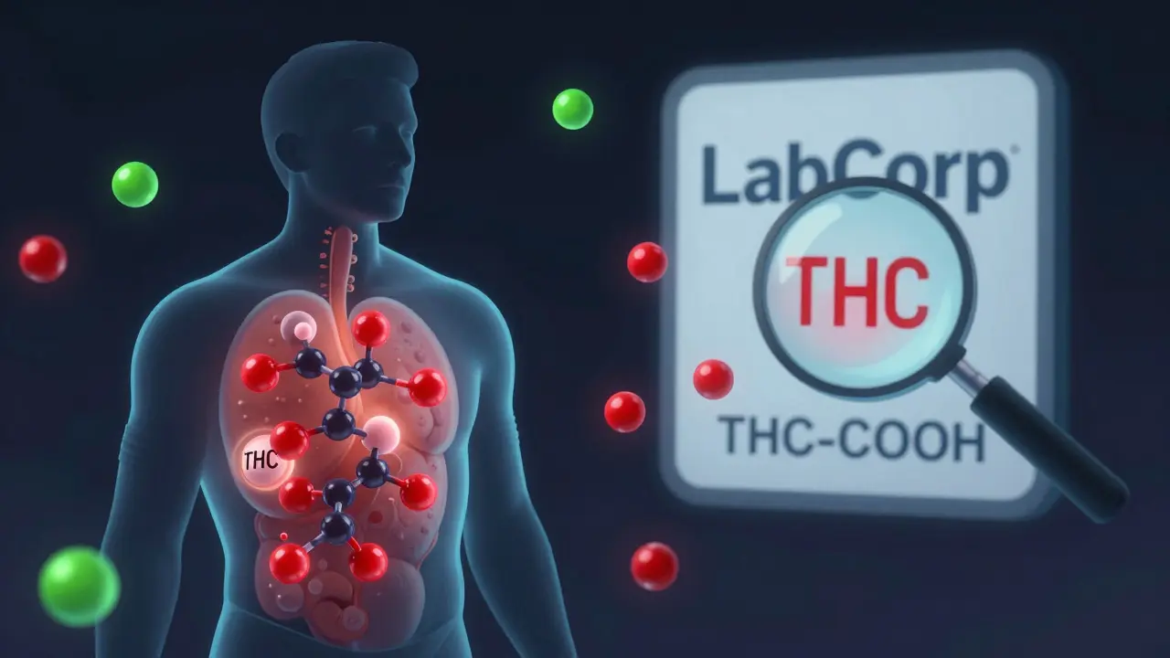 Menschensilhouette mit angesammelten THC-Molekülen in Fettzellen