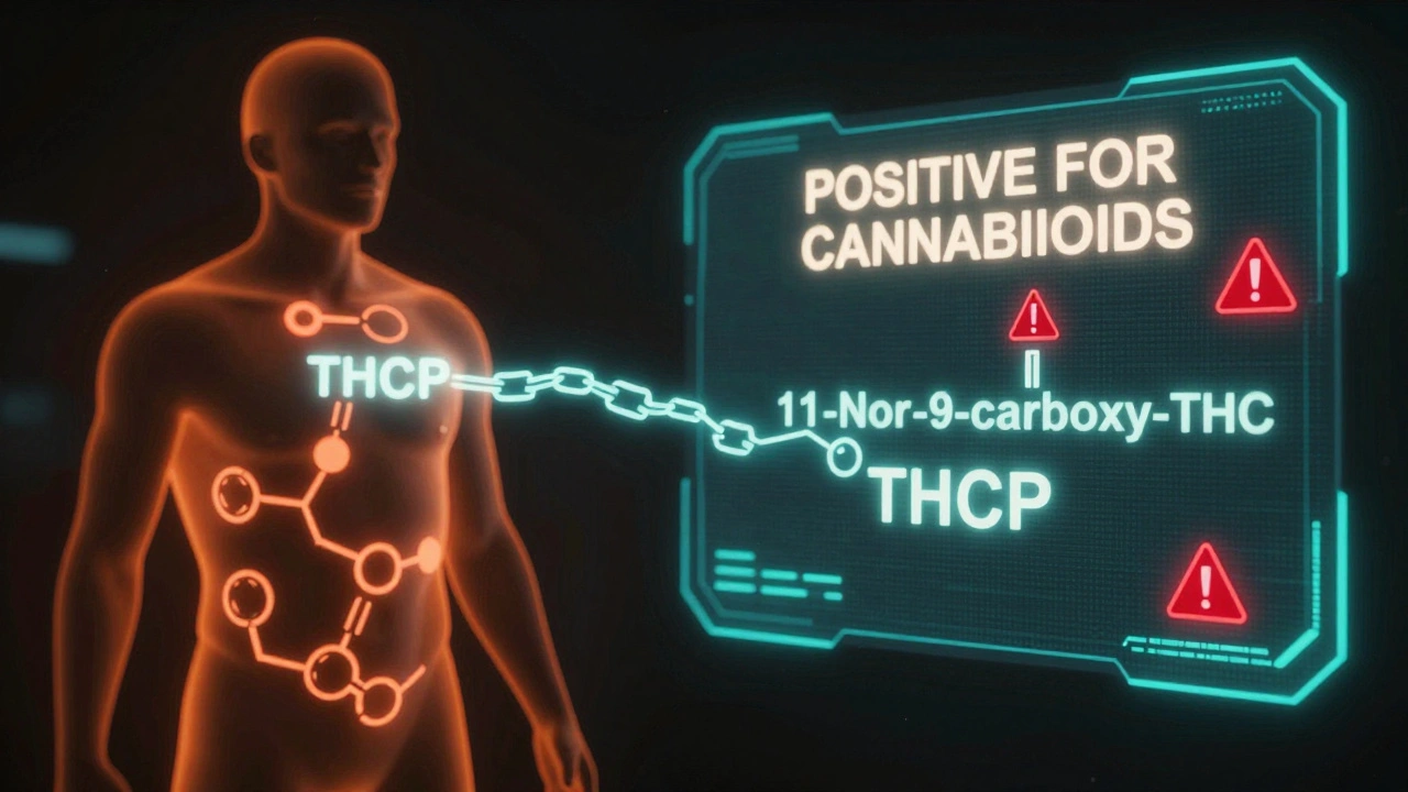 Menschliche Silhouette mit chemischen THCP-Metaboliten, die als positives Testergebnis auf einem Bildschirm erscheinen.